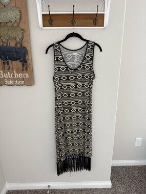 Wrangler Black and Cream Sleeveless Maxi Dress with Fringe